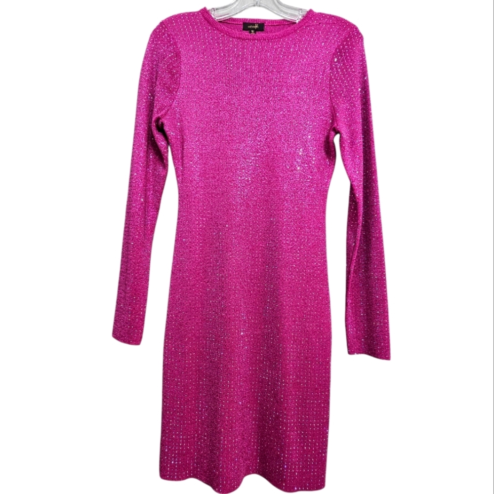 On Twelth Fushia Longsleeve  Rounded Neckline Rhinestoned Knit Sweater Dress